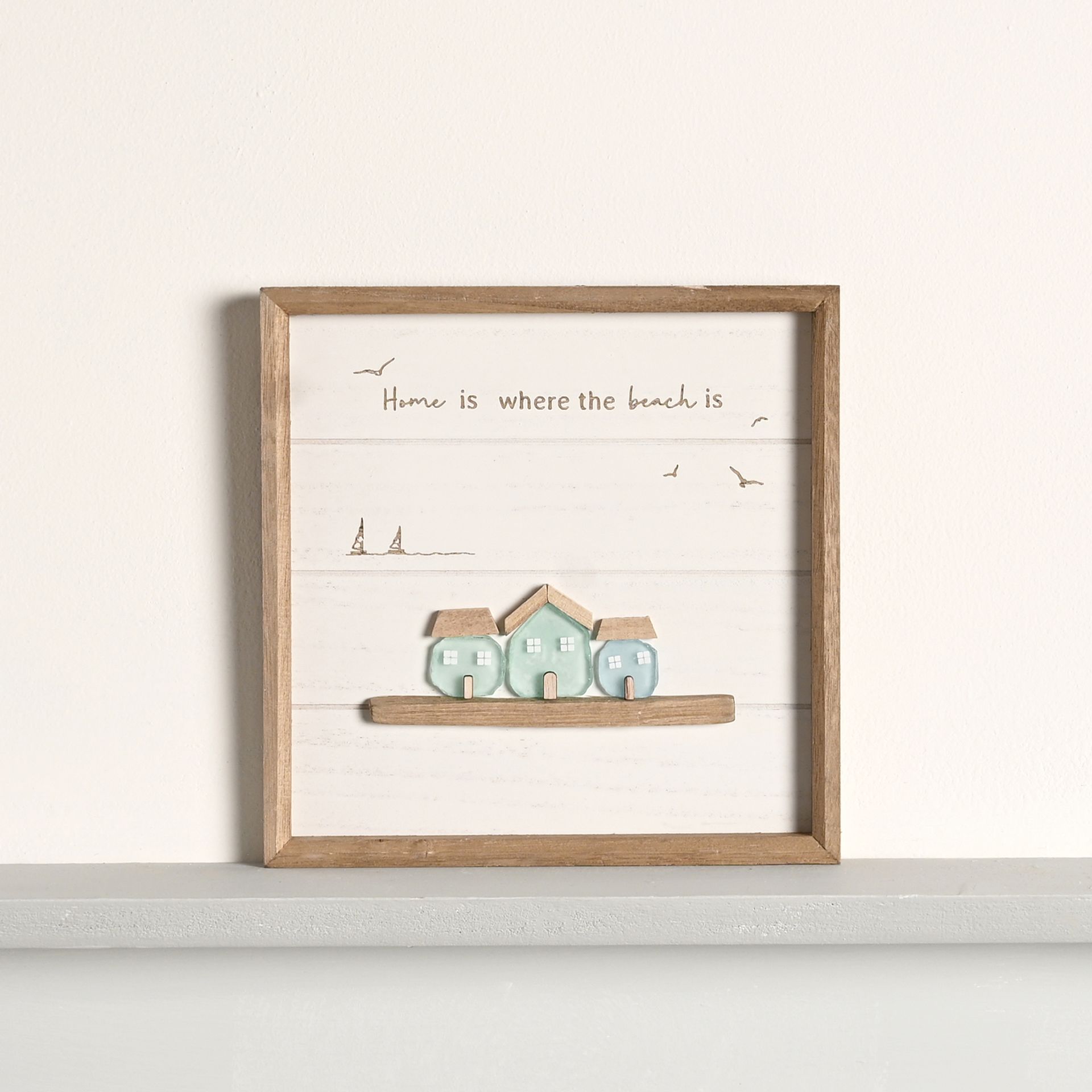 Love Life By The Sea Framed Plaque with Sea Glass - 3 Houses