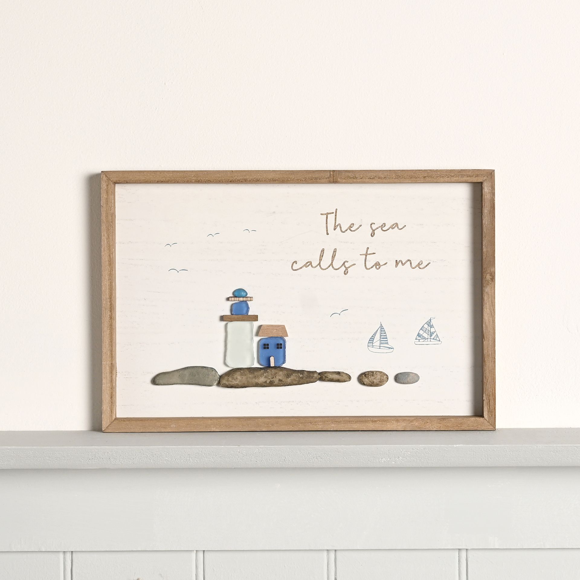 Love Life By The Sea Framed Plaque with Sea Glass - Lighthouse