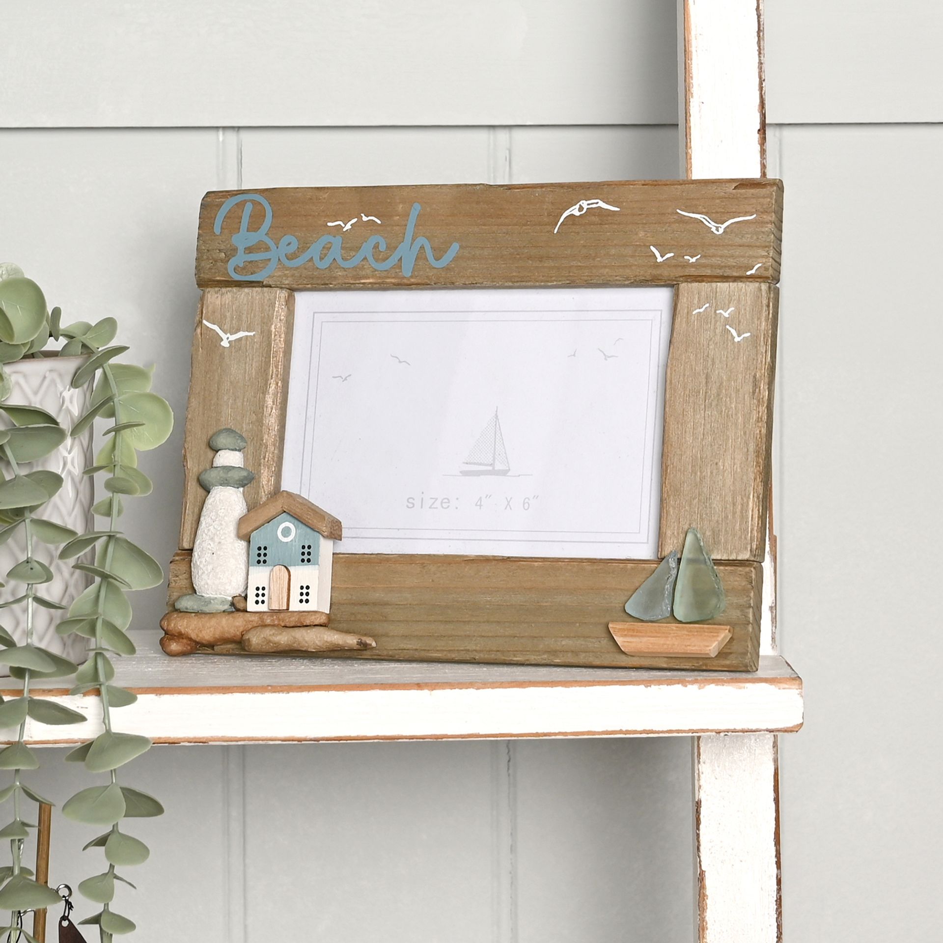 Love Life By The Sea Driftwood Photo Frame with Sea Glass