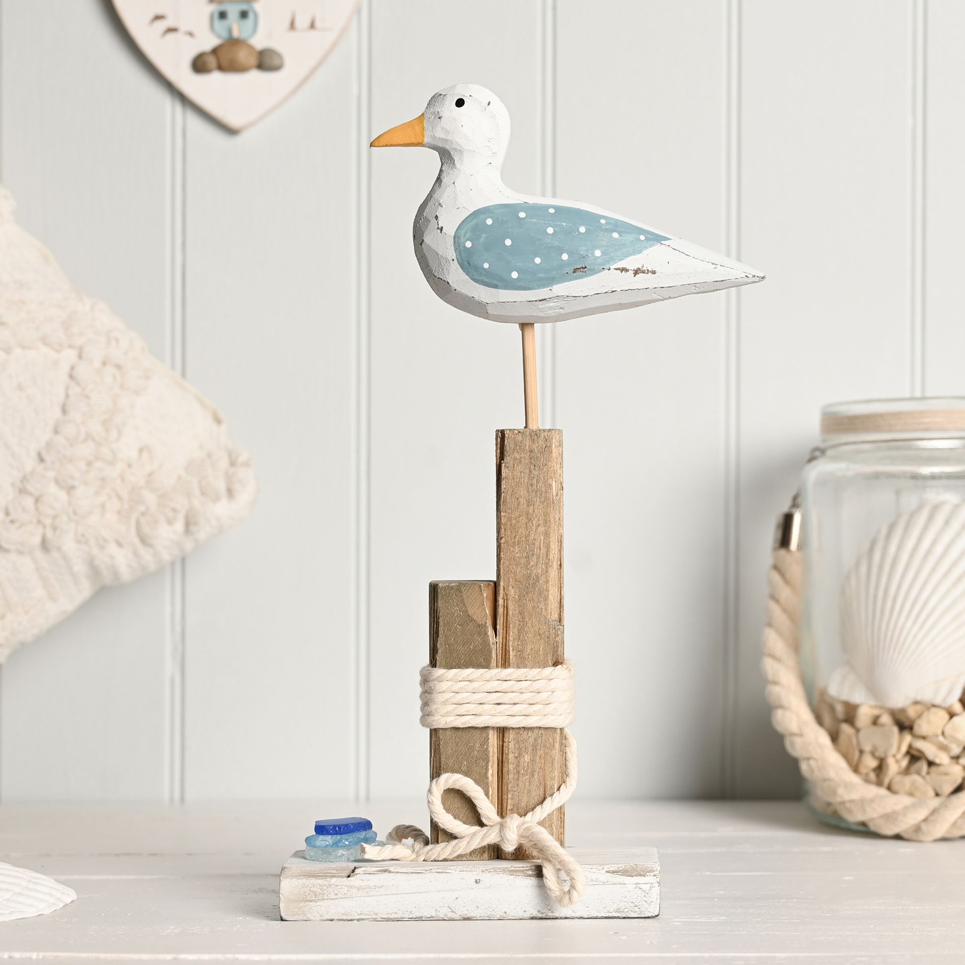 Love Life By The Sea Driftwood with Sea Glass - Seagull 31cm